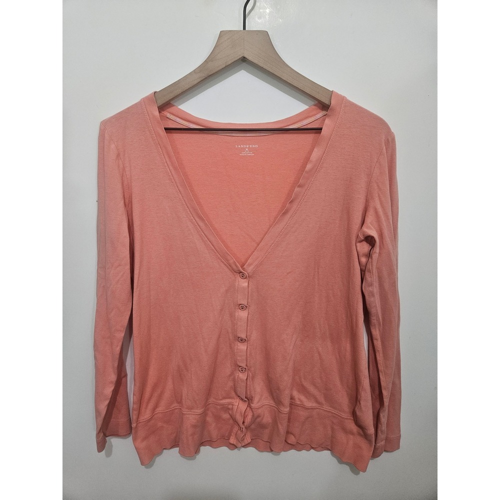Lands End Womens Coral Pink 100% Cotton V-Neck Button Front Cardigan Sweater M